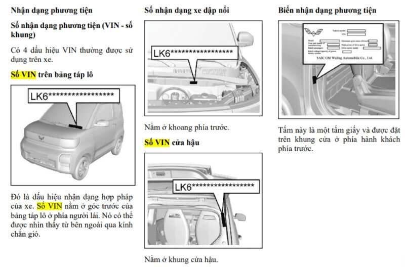 Các dòng xe ô tô của Wuling EV Việt Nam cho phép người dùng tra cứu số VIN tại 4 vị trí khác nhau trên xe.